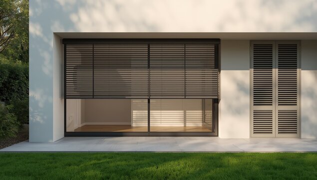 Exterior view of a window featuring contemporary blinds.