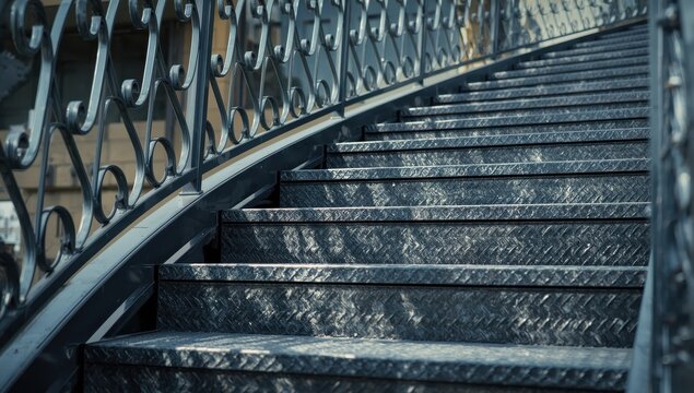 Exterior staircase with railing, emergency exit, diamond plate material.