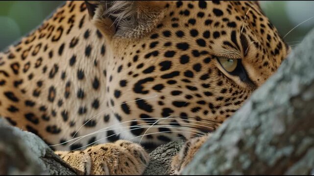 Leopard resting on tree branch, close up of face