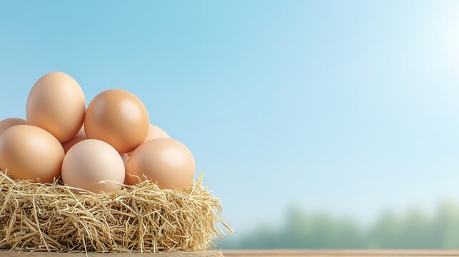 Cluster of six eggs in a nest made of straw with a bright blue sky background and soft natural lighting