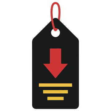 Vertical black price tag with red downward arrow and three yellow bars discount marketing commerce