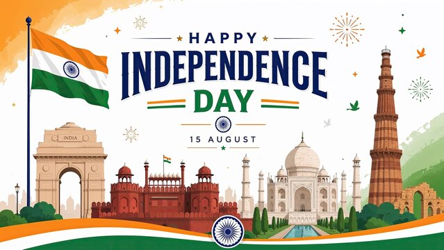 Vibrant illustration celebrating india's 79th independence day with flag and iconic landmarks on august 15th.