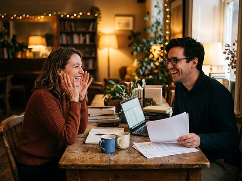 Couple working together and smiling at a table with laptop and papers