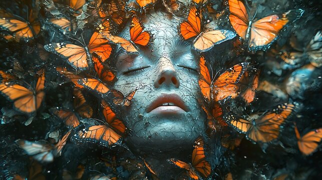 A close up of a serene face covered with numerous monarch butterflies dark background