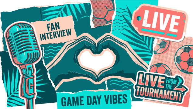 Retro sports broadcast collage, vintage football fan interview elements, live tournament media coverage vector, game day vibes aesthetic