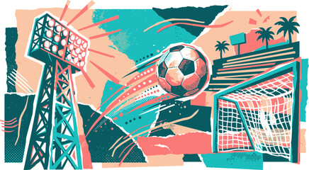 Abstract soccer collage vector, football stadium with goal post and ball, retro sports background with torn paper textures and palm trees