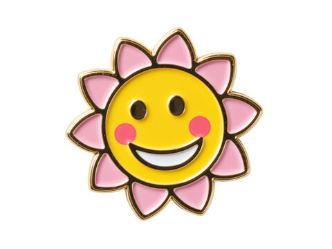 Smiling sun enamel pin representing happiness and positive energy, isolated on transparent background