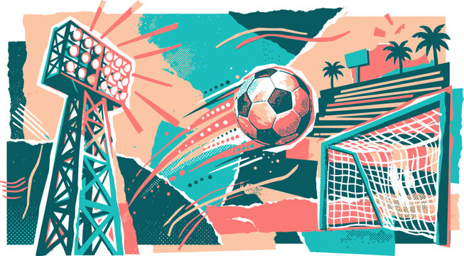 Abstract soccer collage vector, football stadium with goal post and ball, retro sports background with torn paper textures and palm trees