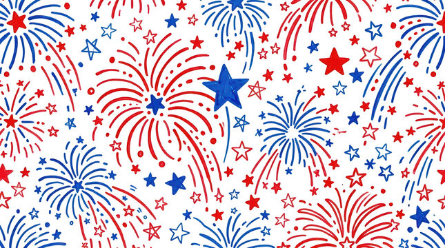 Seamless pattern with handdrawn red and blue fireworks and stars isolated on transparent background