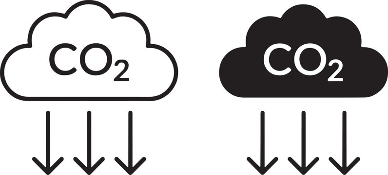 Carbon dioxide emission vector icon set featuring CO2 cloud symbols with downward arrows representing reduction, neutrality, and capture solutions.