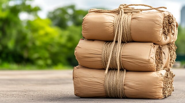 Stacked wrapped bundles of outdoor fabric or matting material tied with twine on a paved surface