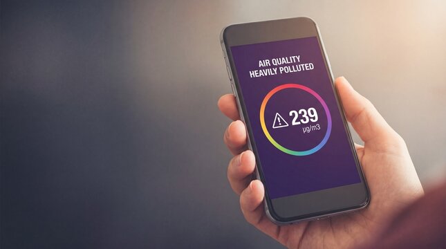 Person holding smartphone displaying air quality heavily polluted message with warning sign and 239 micrograms per cubic meter reading on screen