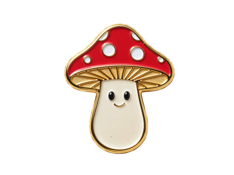 Cute smiling mushroom enamel pin character, isolated on transparent background