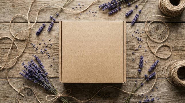 Square cardboard gift box with lavender and twine on wooden table