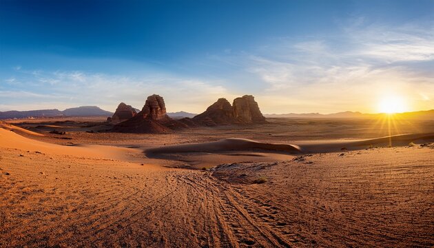 Desert Sandy Ground And Spectacular Yardang Landform Mountain Natural Landscape At Sunset