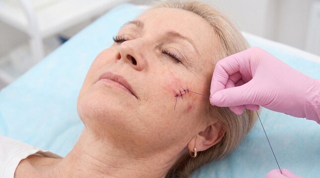 Woman receiving facial stitches from a medical professional in a clinic setting with a gloved hand and needle