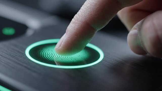 Fingerprint security scan glowing with blue and green, biometric identification, user authentication for technology and data protection