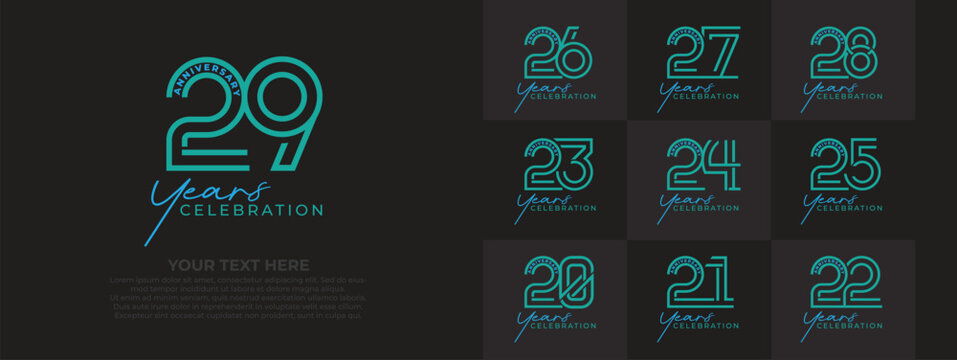 Premium Cyan Anniversary Emblem Set , Years 20-29. Minimalist Linear Vector Logos for Milestone Celebrations and Jubilees.