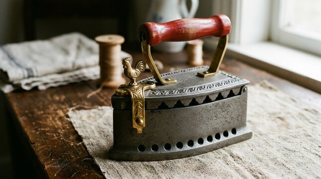 Vintage iron on table with wooden handle and spool of thread
