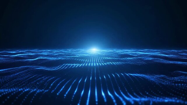 Abstract blue digital landscape with glowing light source moving through waves during a serene cinematic sequence