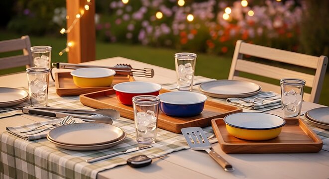 Outdoor dining table set with plates and glasses for a summer garden party dinner. outdoor mealware
