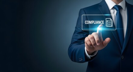 Obraz premium Businessman interacting with digital compliance holographic panel