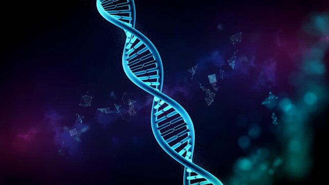 Rotating dna helix strand with digital molecular network background 4k HD video.