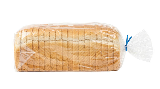 A loaf of sliced white bread in a clear plastic bag isolated on transparent background