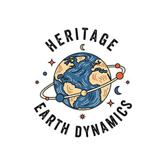 Heritage earth dynamics badge featuring a stylized globe with planetary rings and celestial moon and stars. © Cat