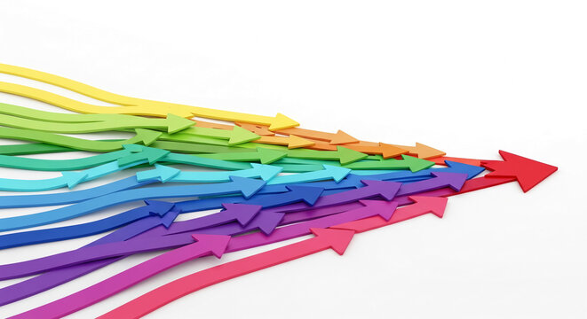 Colorful arrows converge, symbolizing teamwork, progress, and a unified direction. Represents growth and collective success.