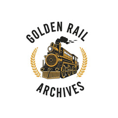 Historical golden steam train locomotive archive logo badge. © Cat