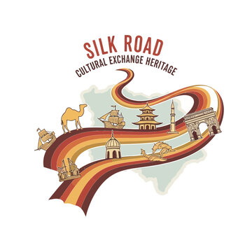 Historical silk road cultural heritage map illustration with iconic trade symbols.