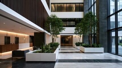 Fototapeta premium A spacious and tranquil contemporary corporate lobby featuring high ceilings and balanced architectural contrast