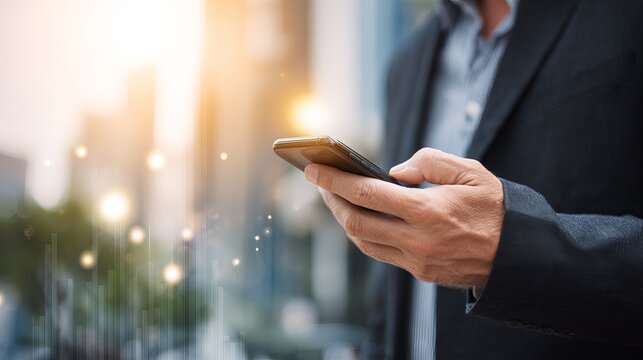 Businessman using mobile smartphone with digital network connection icons and rising growth graph, focused professional managing digital marketing, online banking and payment systems, business analyse