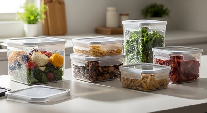 Clear plastic food storage containers filled with healthy ingredients on a modern kitchen counter. spill-resistant containers