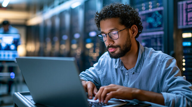 Engineer using a laptop on a rolling workstation in a server room, terminal windows and network maps visible, system administration, data center maintenance, server virtualization, network