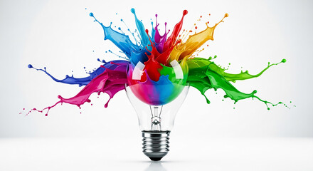 Obraz premium Explosion of vibrant liquid color splashes emanating from a clear light bulb, symbolizing creativity, innovation, and bright ideas