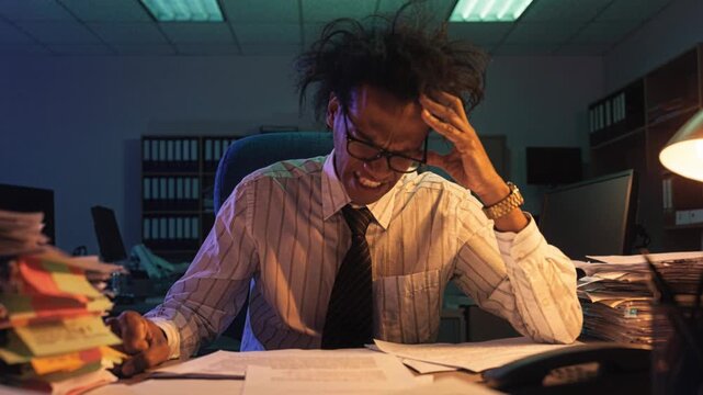 Stressed office worker angry man overtime work paperwork stress frustrated employee tired businessman late night office messy desk corporate burnout