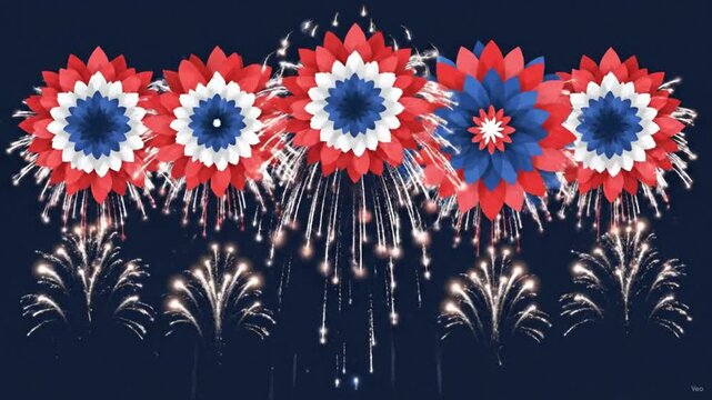 Red, white, and blue flower fireworks bursting on a dark background