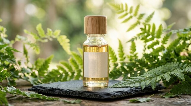 Essential oil bottle with blank label on slate stone with fern leaves