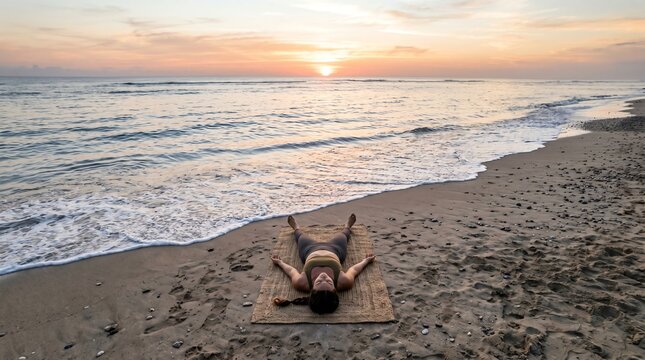A Woman Practicing Savasana Corpse Pose on a Yoga Mat at the Beach During a Peaceful Sunrise Over the Ocean