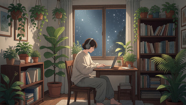 A cozy plant-filled study room at night with moonlight, soft animation illustration