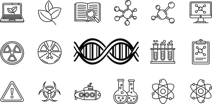 Science and biotechnology outline icons collection featuring DNA helix laboratory test tubes molecules atom structure and biohazard symbol vector bundle
