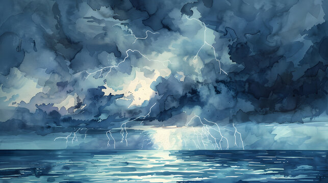 watercolor storm lightning above ocean