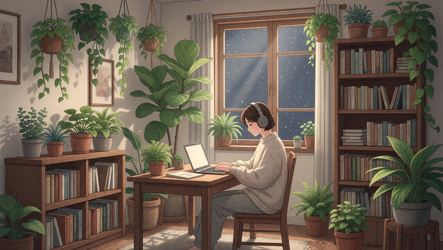 A cozy plant-filled study room at night with moonlight, soft animation illustration