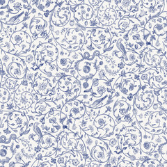 Flowers of the Meadow. Vintage seamless curls floral pattern. Flowers, birds, snakes. Inspired by Inspired by the Renaissance. Blue and white © OlgaKorneeva