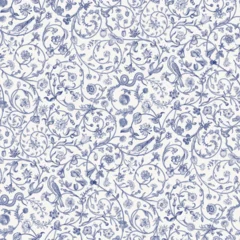 Flowers of the Meadow. Vintage seamless curls floral pattern. Flowers, birds, snakes. Inspired by Inspired by the Renaissance. Blue and white © OlgaKorneeva