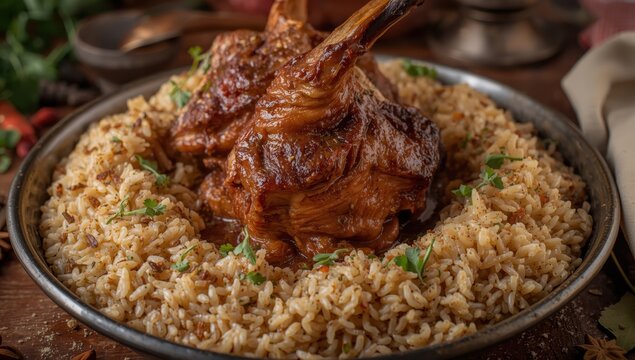 Haneeth is a Yemen lamb dish, slow-roasted and served on rice, shown in a closeup.
