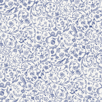 Flowers of the Meadow. Vintage seamless curls floral pattern. Flowers, birds, snakes. Inspired by Inspired by the Renaissance. Blue and white