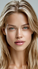 Naklejka premium Beauty blonde woman straight face blue eye natural makeup healthy skin confident expression youthful smooth complexion female model closeup